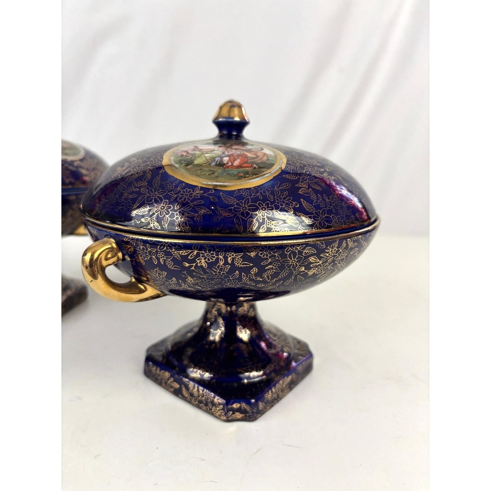 Vintage Cobalt‎ Blue Footed Covered Candy Dish Pair Gold Floral Japan - Picture 4 of 16